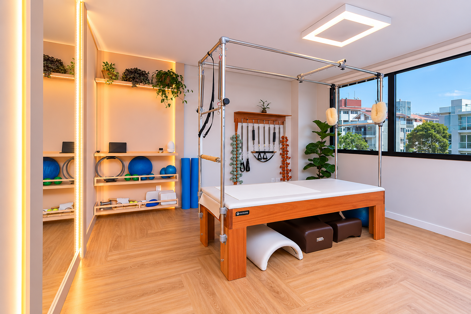 Cadillac de Pilates com plantas, prateleiras de acessórios e iluminação quente