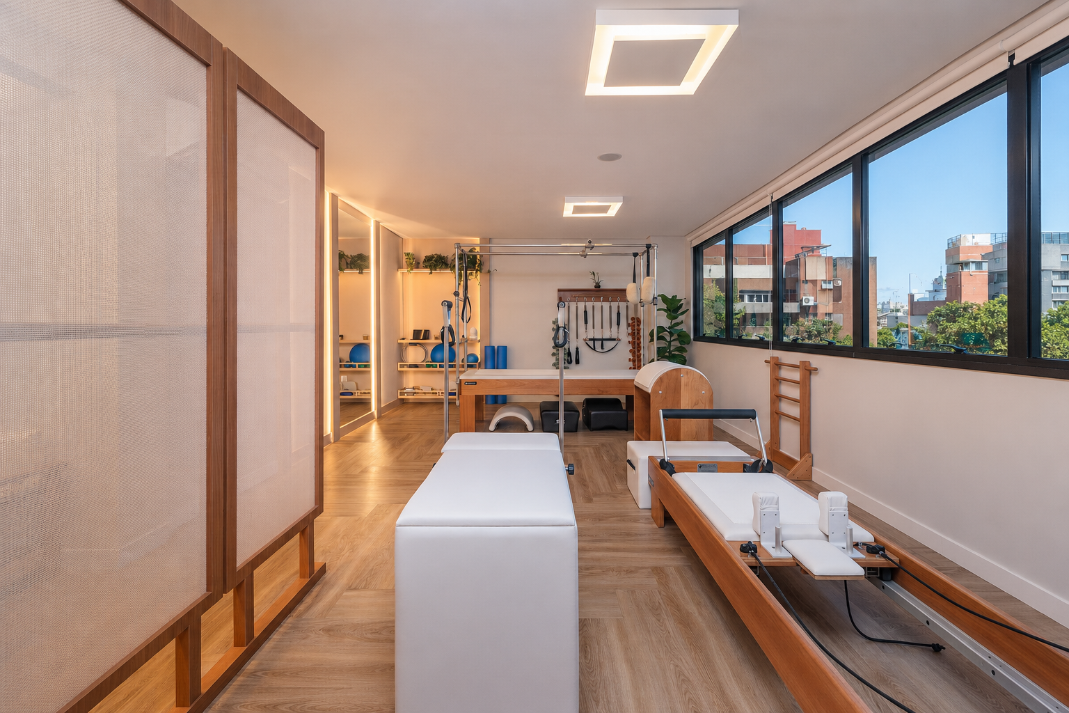 Sala principal com painéis shoji em rattan, reformer e cadillac